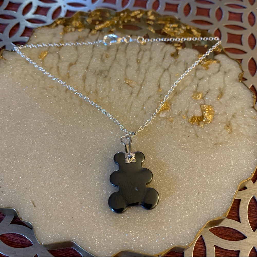 Silver Tone Necklace Black Bear Pendant